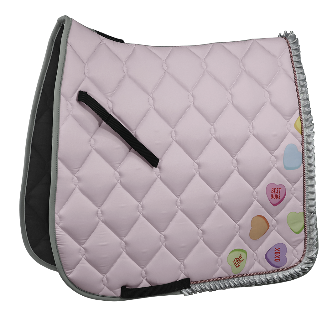 EQUEST Schabracke Macro Avenue in Rose mit Einfass Grey und Rüschen und Kordel Antique Rose und DTF Hearts | Stable Sweetheart