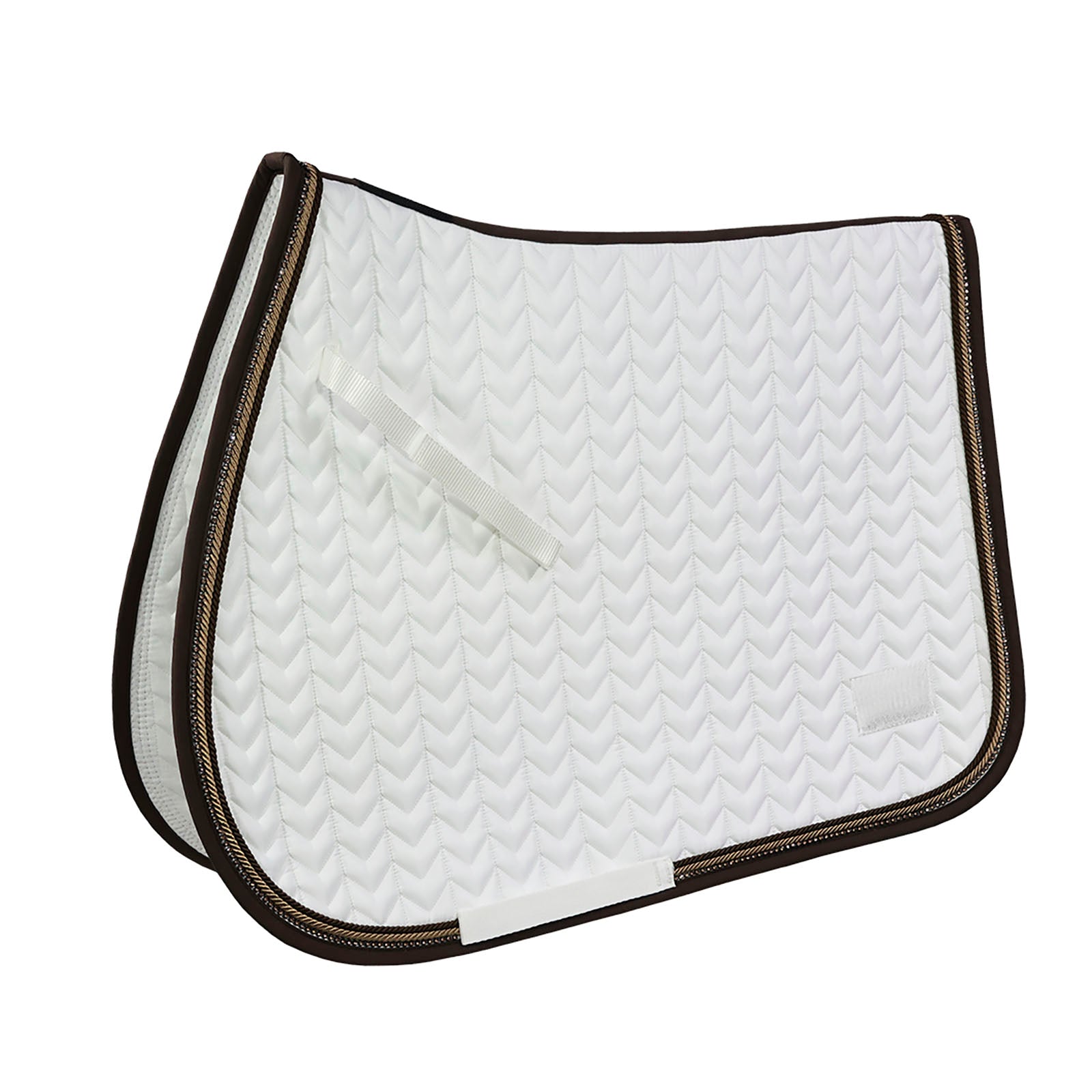 Weiße Dressur-Schabracke mit drei Kordeln in Mocha, Caramel und Crystal Banding Light Peach sowie Klettverschluss für Startnummern Pro