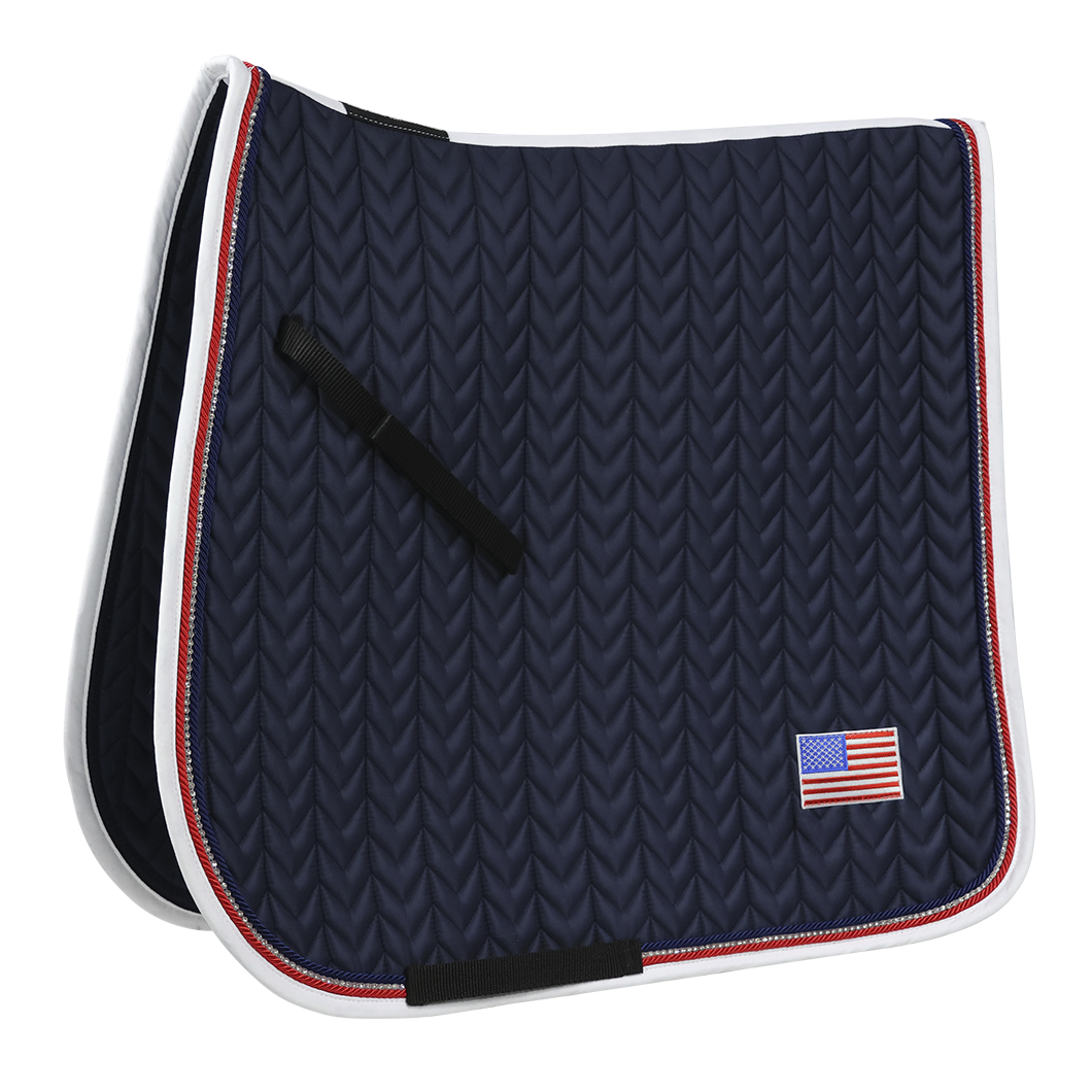 EQUEST Marineblaue Dressurschabracke mit Glanzeffekt, US-Flaggen-Patch und Kordelbesatz in Blau, Rot, Silber