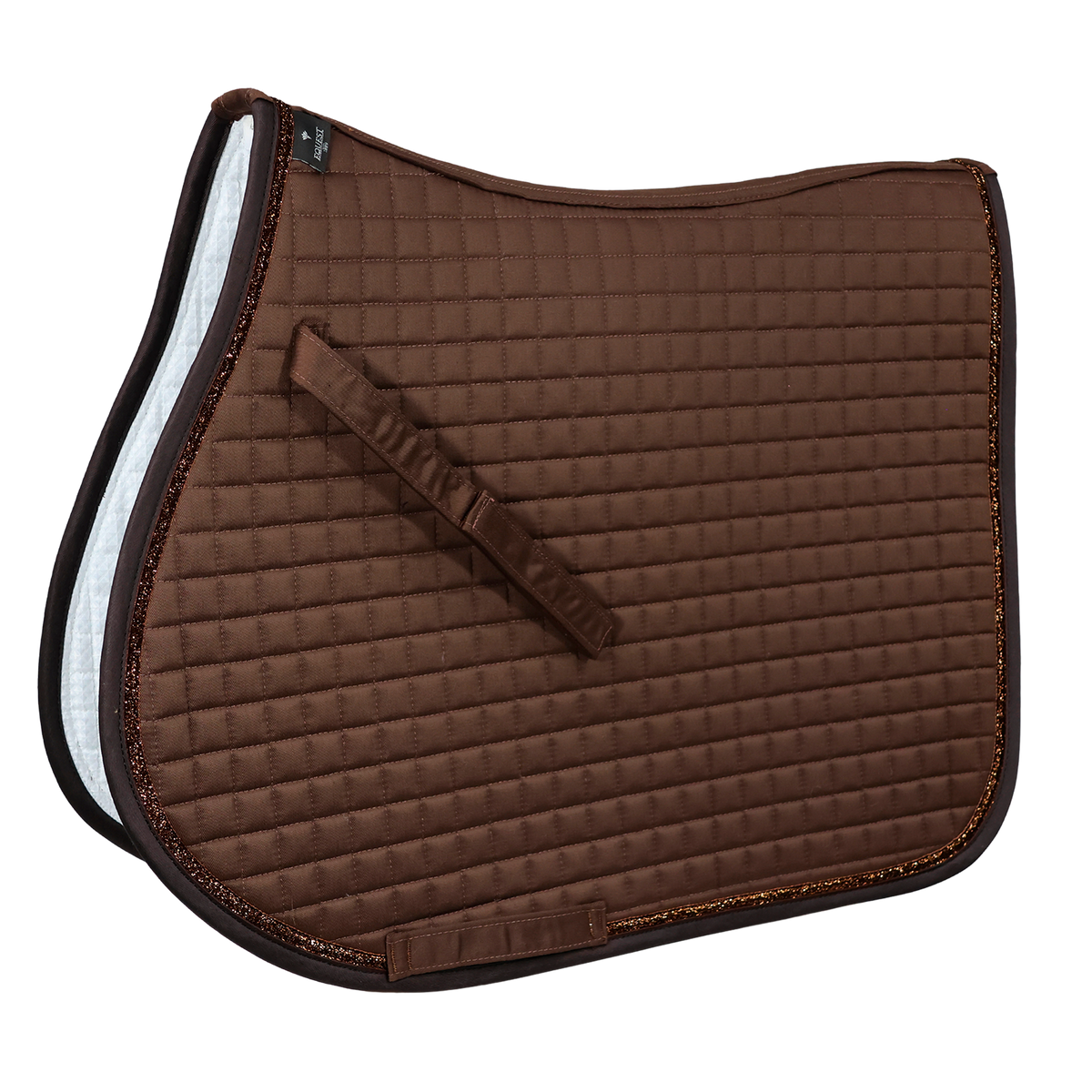 EQUEST Schabracke Essex in Mocha mit Glitzerband am Rand, fein gesteppt im Vielseitigkeitsschnitt, freigestellt