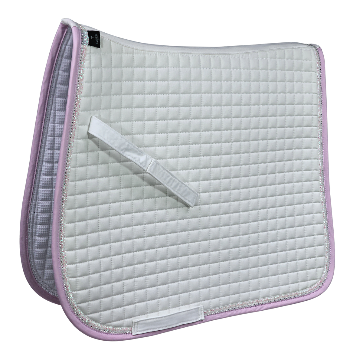 EQUEST Schabracke Essex in Weiß mit Glitzerband in Rose-White, Strass und rosa Einfassung, Dressurschnitt