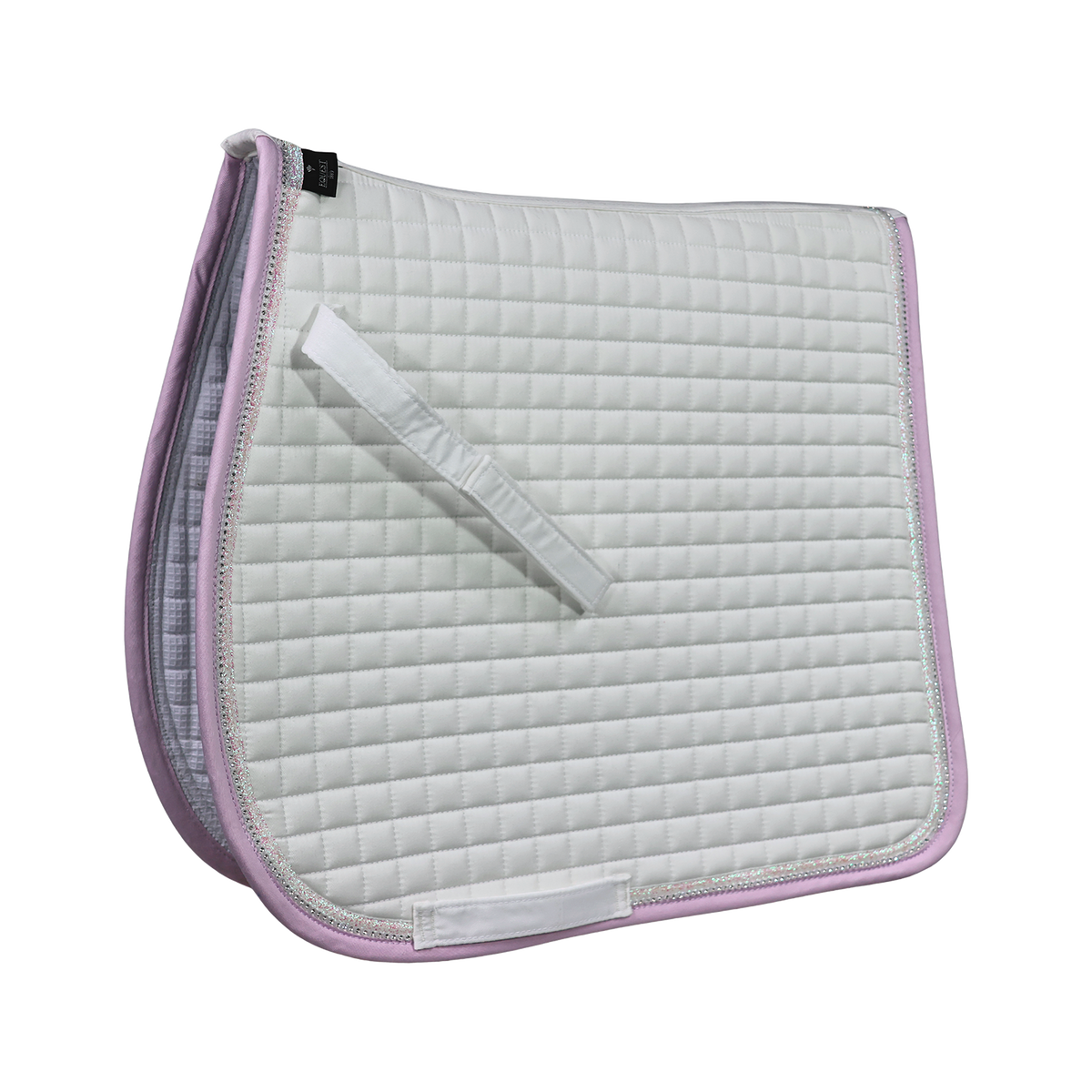 EQUEST Schabracke Essex in Weiß mit Glitzerband in Rose-White, Strass und rosa Einfassung, Pony-Dressurschnitt