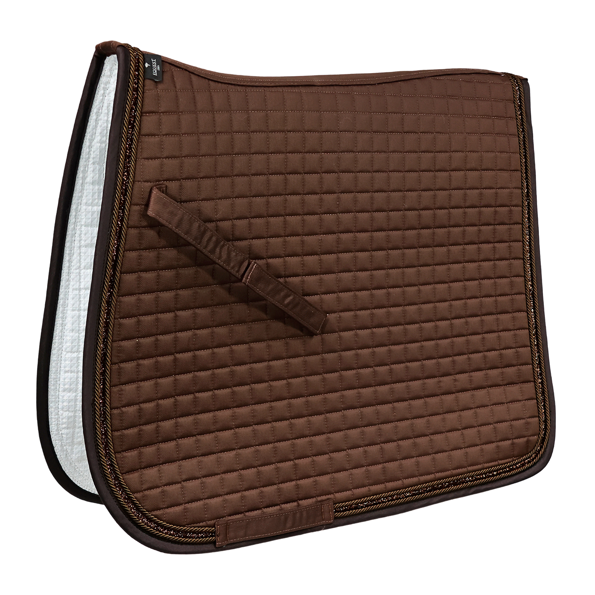 EQUEST Schabracke Essex in Mocha mit TriCord aus zwei Kordeln und Glitzerband, gesteppt im Dressurschnitt