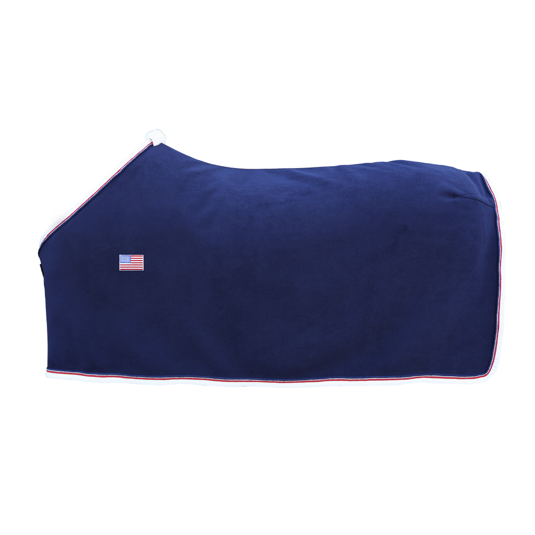 EQUEST Marineblaue Double Coated Fleece Decke mit US-Flaggen-Patch und rot-weiß-blauer Kordel