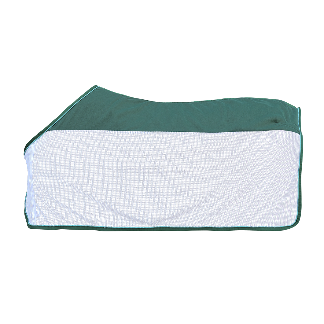 EQUEST Fliegendecke Fly Premium Weiß mit Fleece Bottle Green und Kordel Mit | Clover and Canter