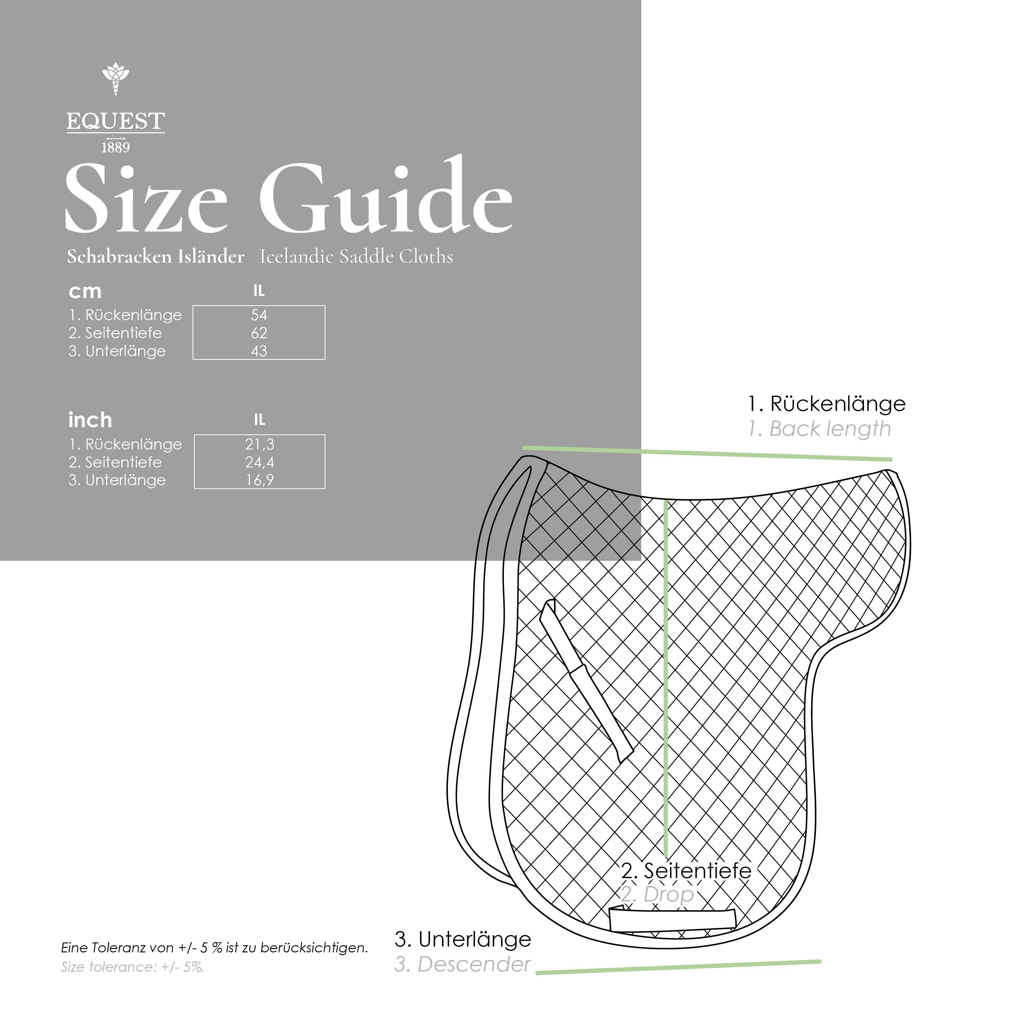 MyEQUEST EQUEST Schabracke Macro Avenue horse saddle pad with size chart display in the image.